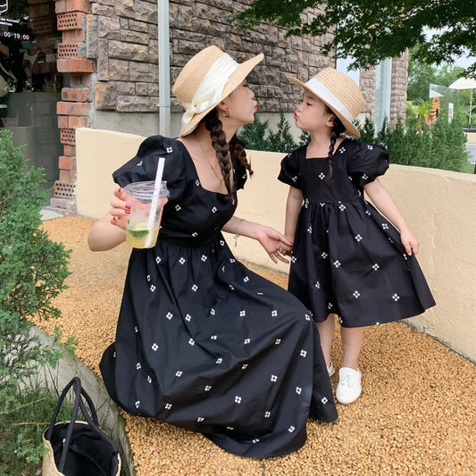 Mother and Daughter Dress Family Matching Suit Strapless Floral Dress Summer Girl Lady Polka Dot Loose Dress Skirt Clothes