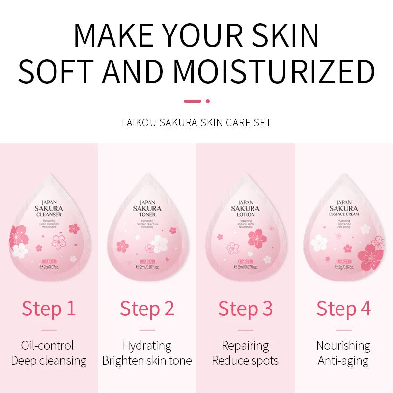 LAIKOU 4Pcs Skincare Set Sakura Cleanser Toner Lotion Cream Deep Cleansing Moisturizing Oil Control Portable Kit Travel Outfit