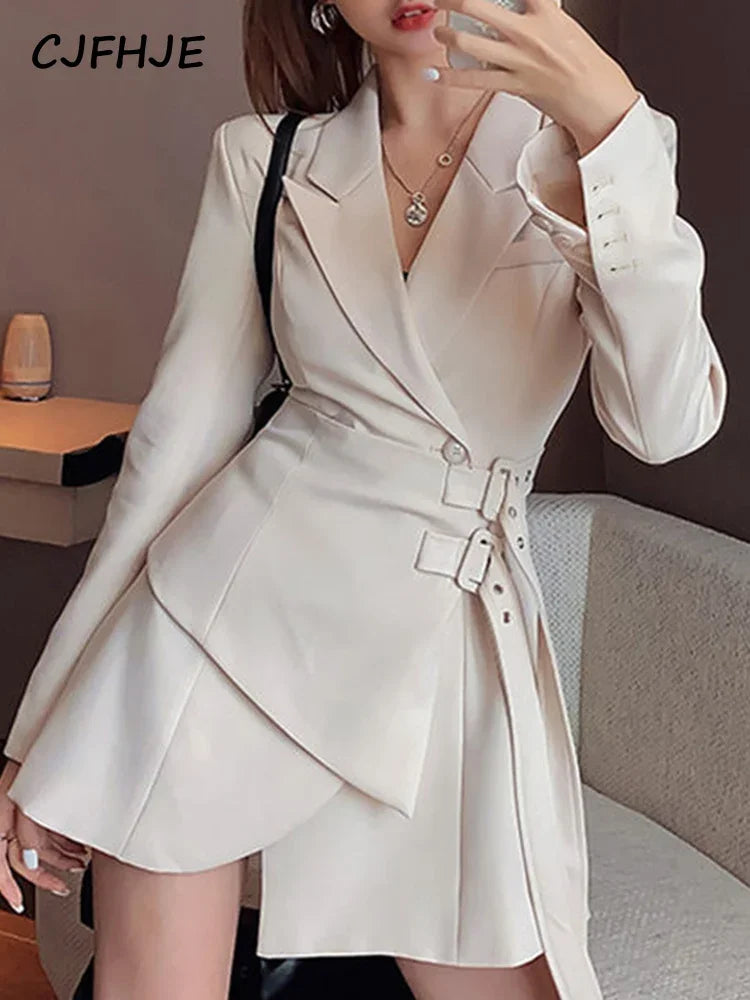 CJFHJE Mini Party Blazer Dress Women Korean One-piece Office Lady Elegant Dress Chic Sashes Design Long Sleeve Clothes Winter
