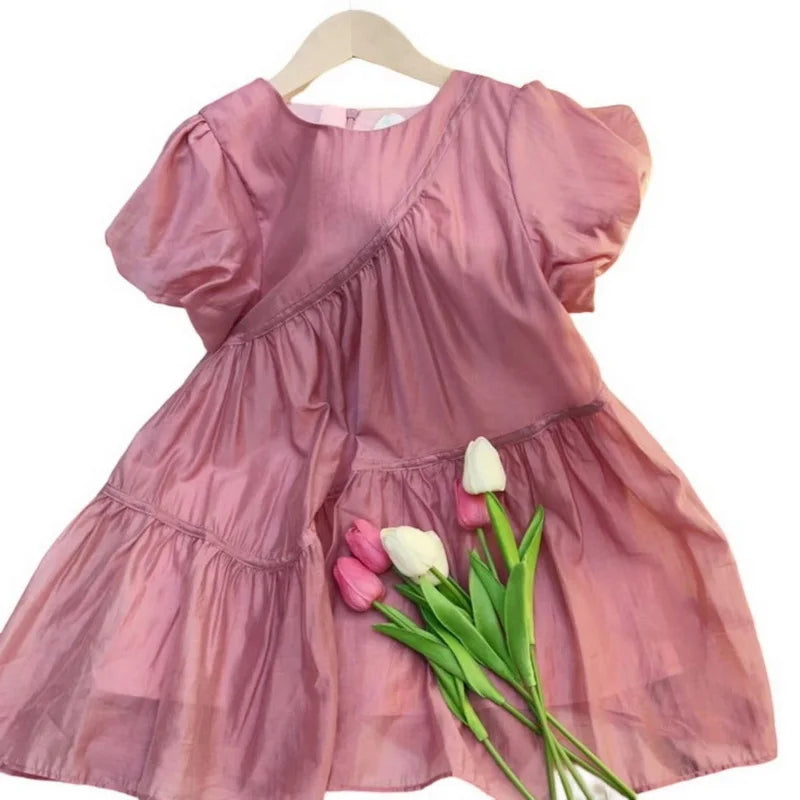 Summer Family Matching Outfits Korean Style Light Pink Puff Sleeve Dress for Mother and Daughter Clothing E2033