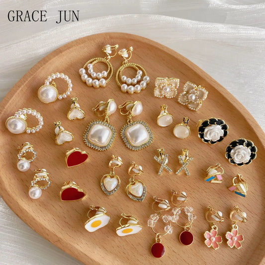 GRACE JUN Korean Style Clip on Earrings No Pierced Earrings Women's Party Fashion Flower Heart Cute Cuff Earrings Ear Clip New