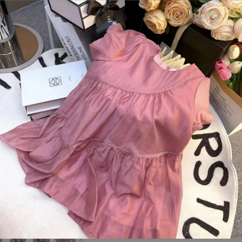 Summer Family Matching Outfits Korean Style Light Pink Puff Sleeve Dress for Mother and Daughter Clothing E2033