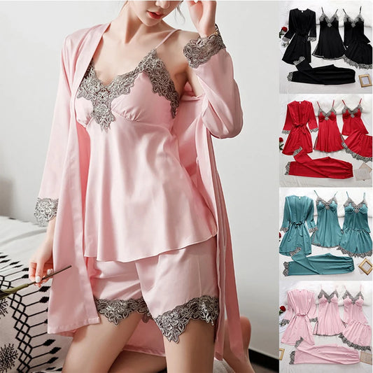 Womens 5PCS Silk Robe Sleep Suit Lace Satin Pajamas Gown Set V-Neck Cami Nighties Wear Pijama Home Nightwear Spring Nightdress
